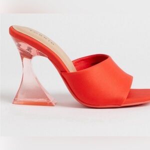 Torrid Size 7 Coral Red Orange Nylon Square Toe Slip-on Mule Clear Stiletto Heel